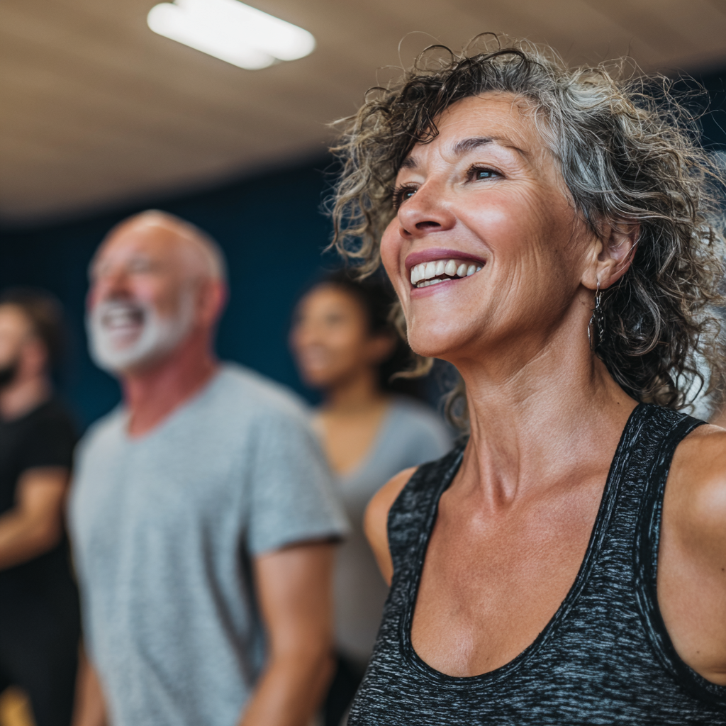 Middle aged adults participating in group fitness session with enthusiastic trainer