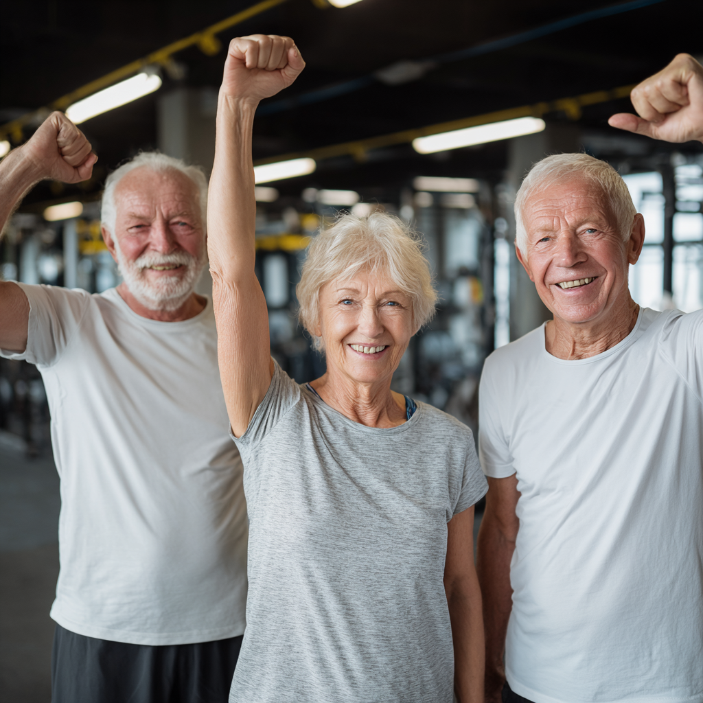 Senior adults celebrating achievement after completing fitness program with encouraging coach